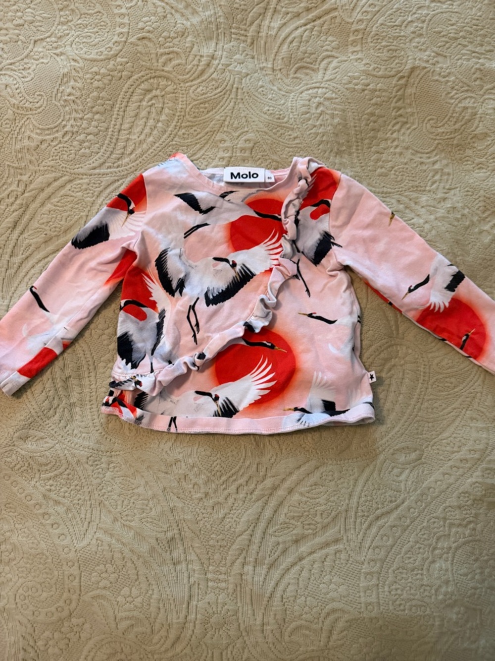 Molo Pink and Red Crane Print Ruffle Top